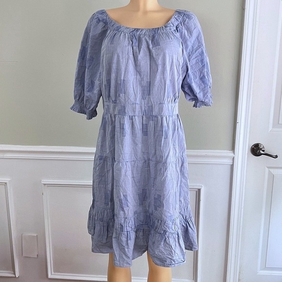 Dkny Dresses & Skirts - DKNY Tiered Midi Dress Womens 14 Cotton Puff Sleeve‎ Blue Geometric Cottagecore